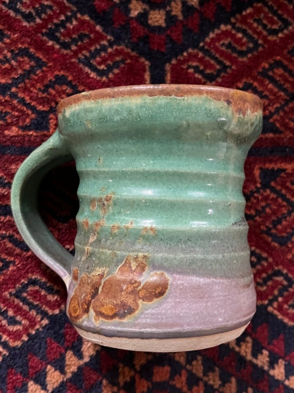 UNK BRAND Unique Mostly Teal-Greenish Stoneware Pottery Mug